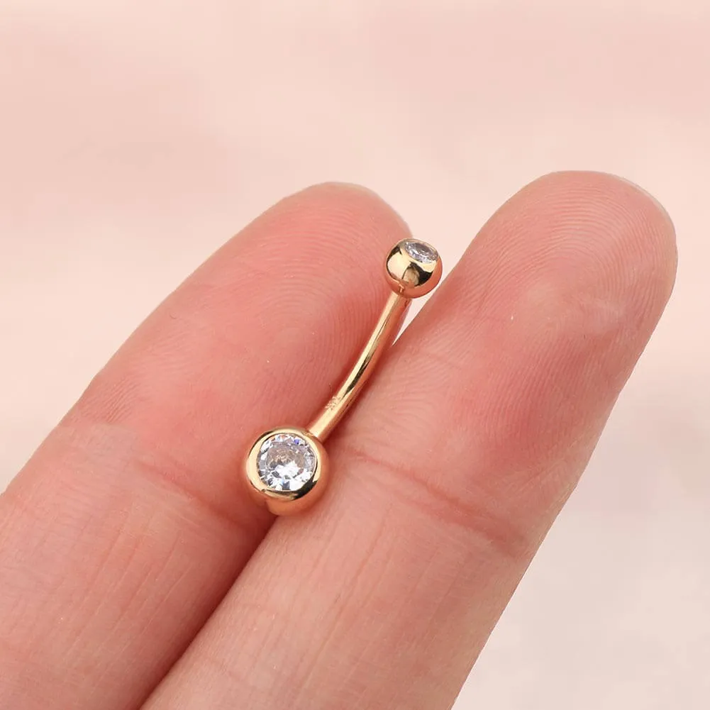 14K Gold Round CZ Belly Ring 14G Navel Ring
