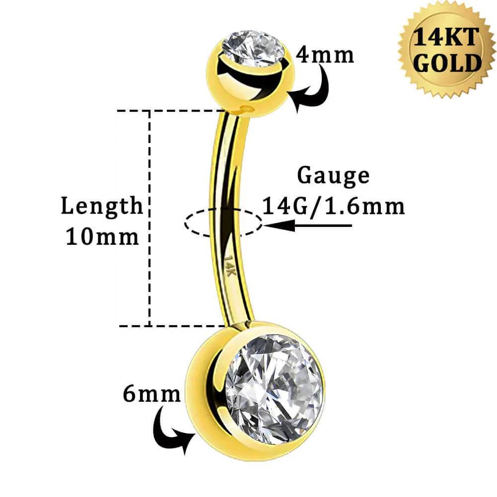 14K Gold Round CZ Belly Ring 14G Navel Ring