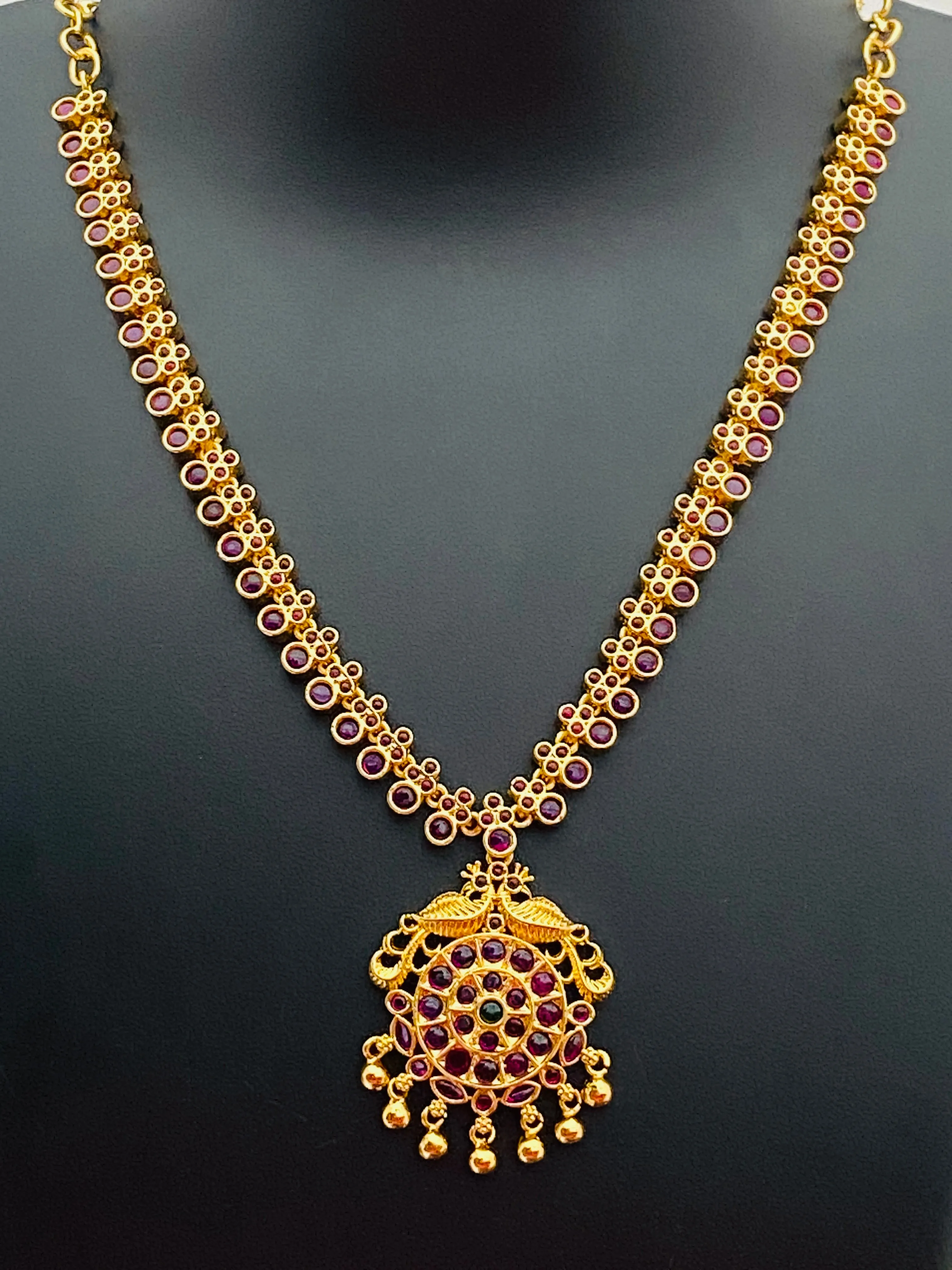 Attractive Gold Plated Ruby Color Stoned Long Chain