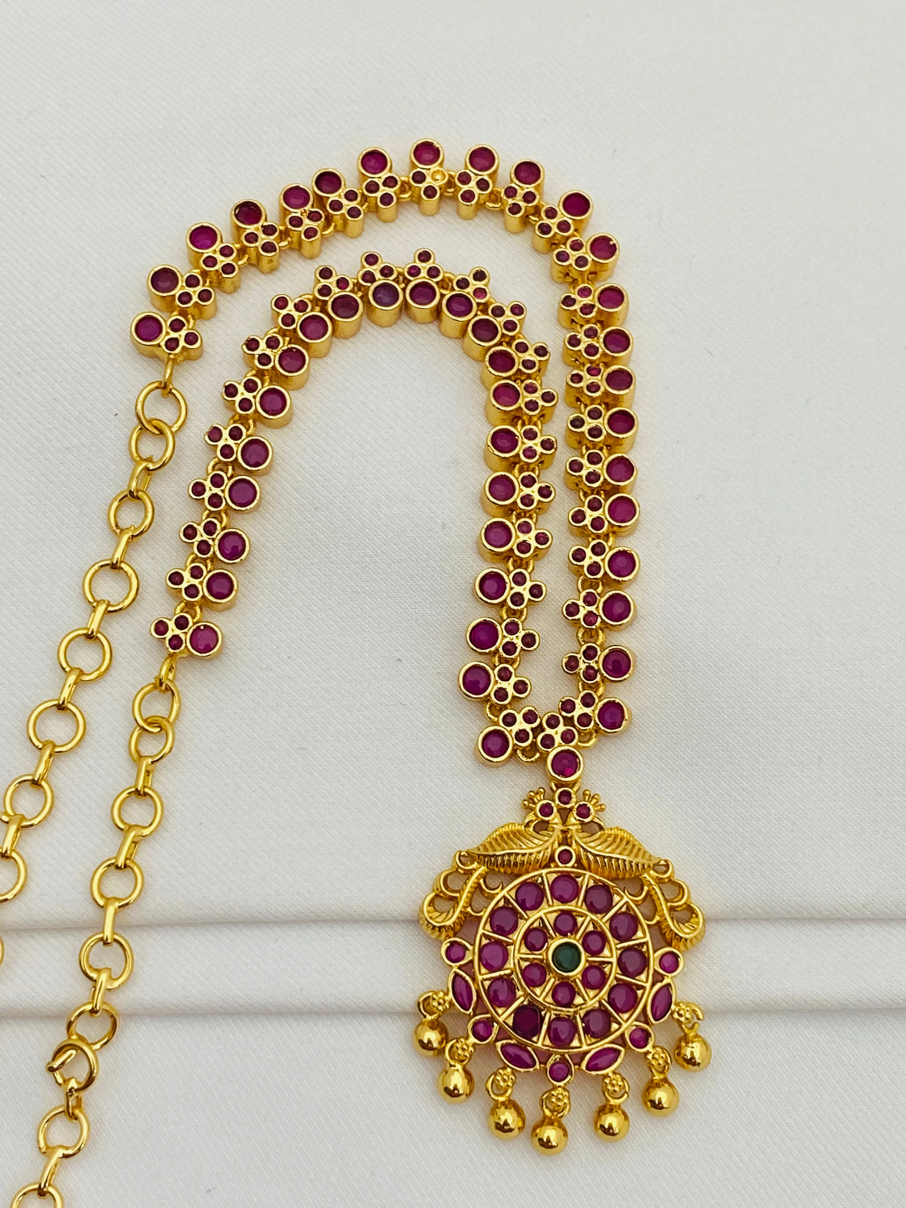 Attractive Gold Plated Ruby Color Stoned Long Chain