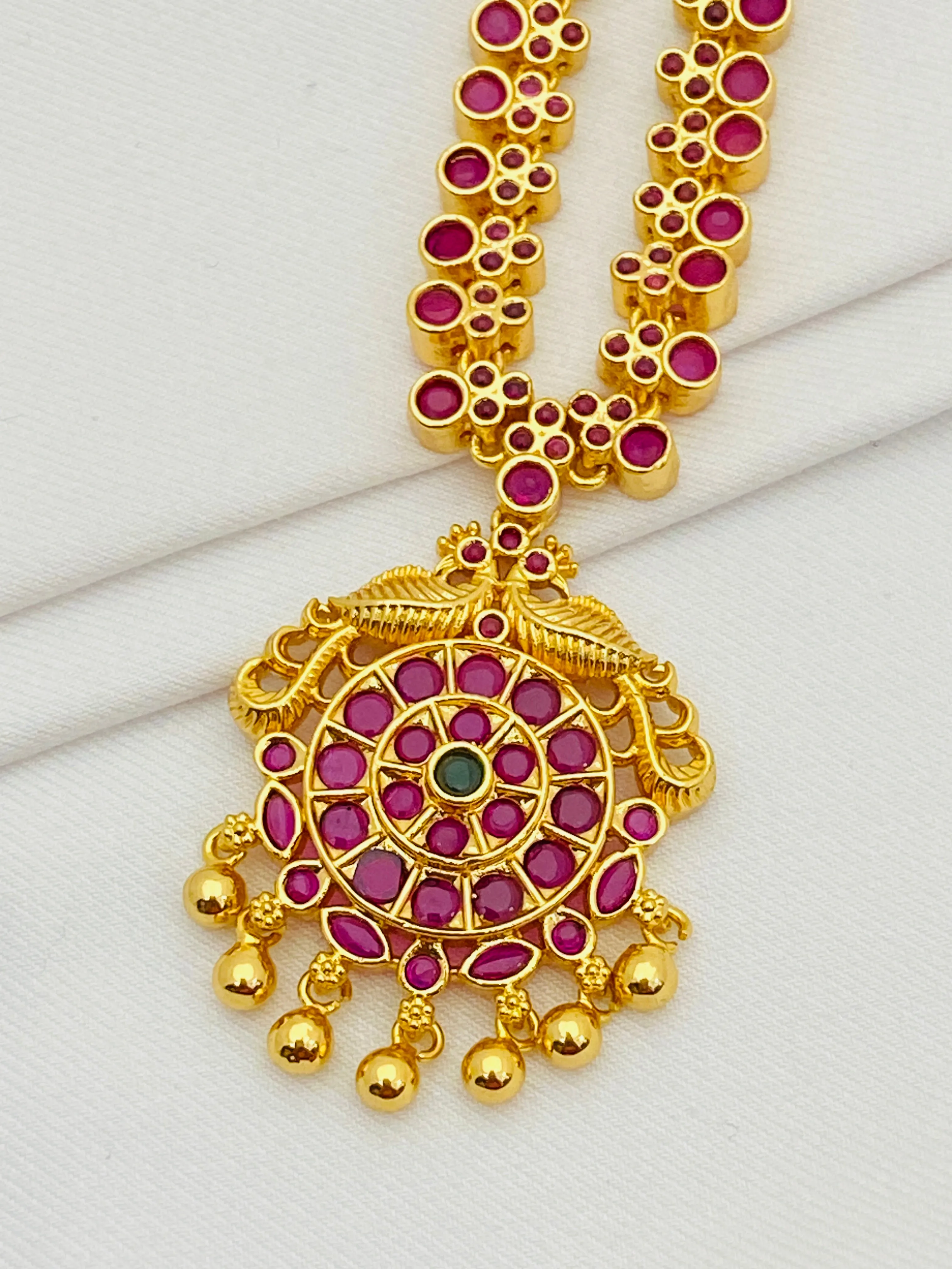 Attractive Gold Plated Ruby Color Stoned Long Chain