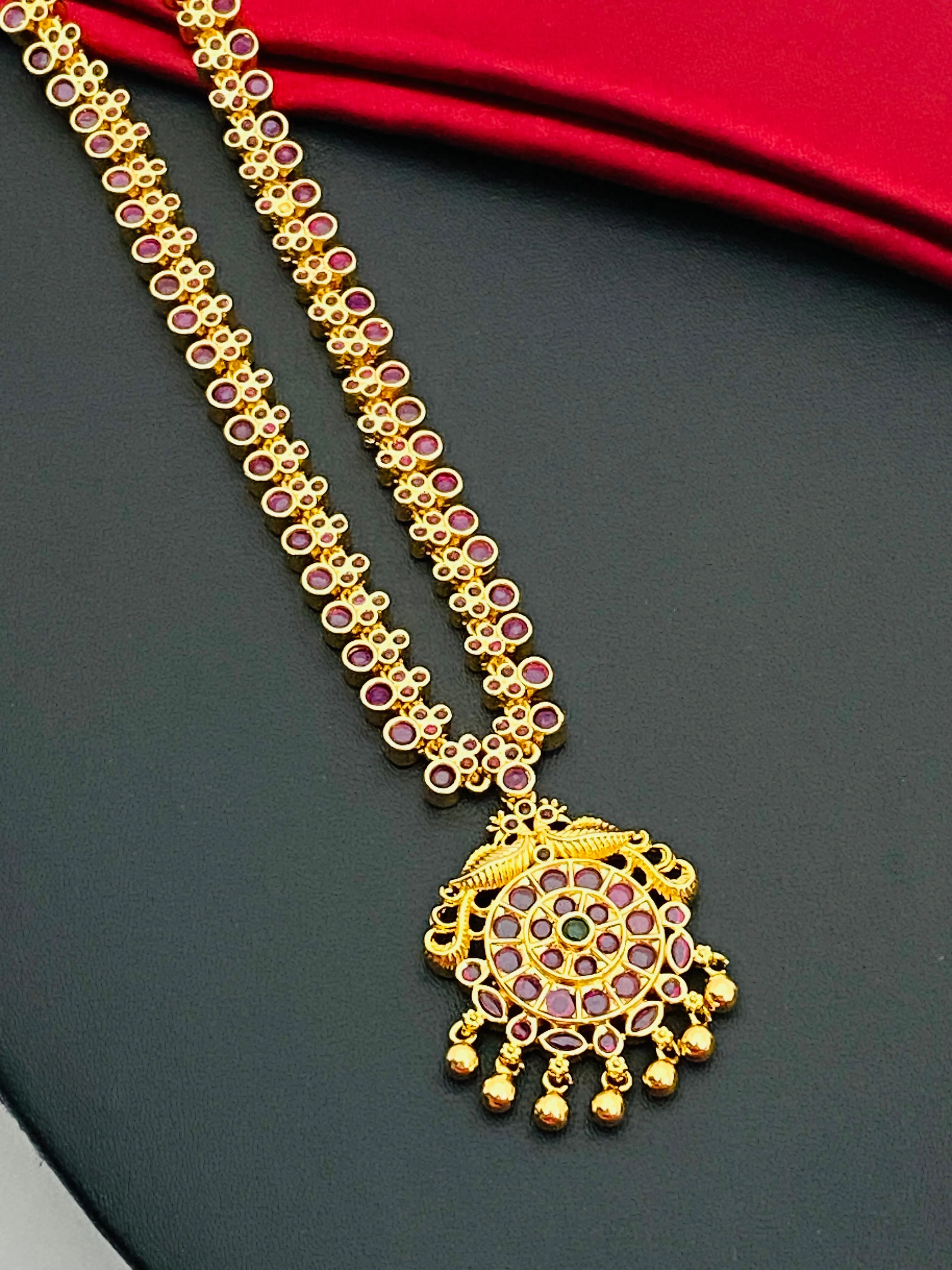 Attractive Gold Plated Ruby Color Stoned Long Chain