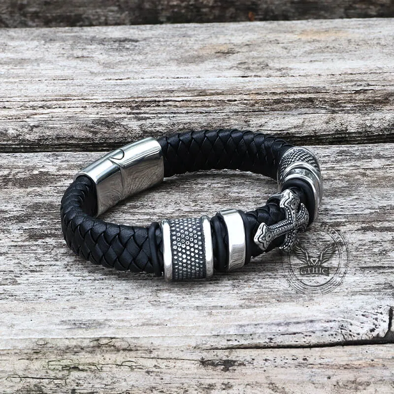 Budded Cross Stainless Steel Braided Leather Bracelet