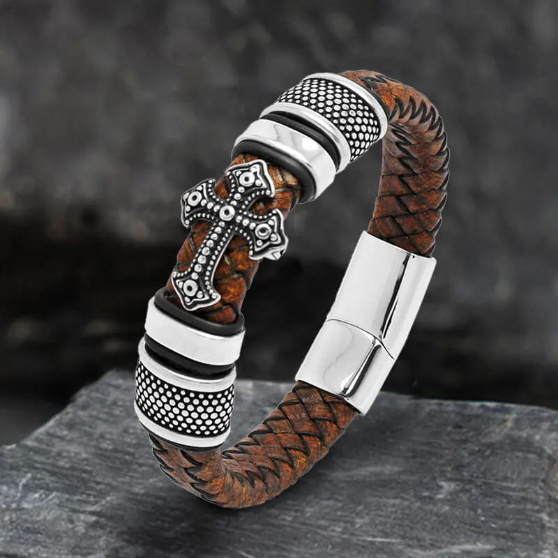 Budded Cross Stainless Steel Braided Leather Bracelet