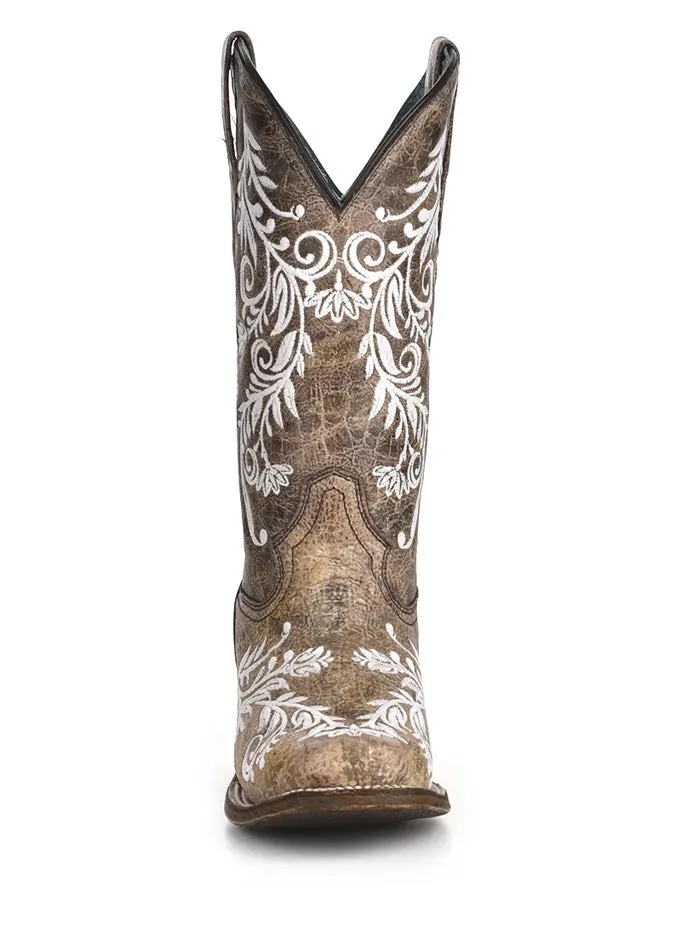 Corral Women's Brown & White Embroidery Square Toe Boots