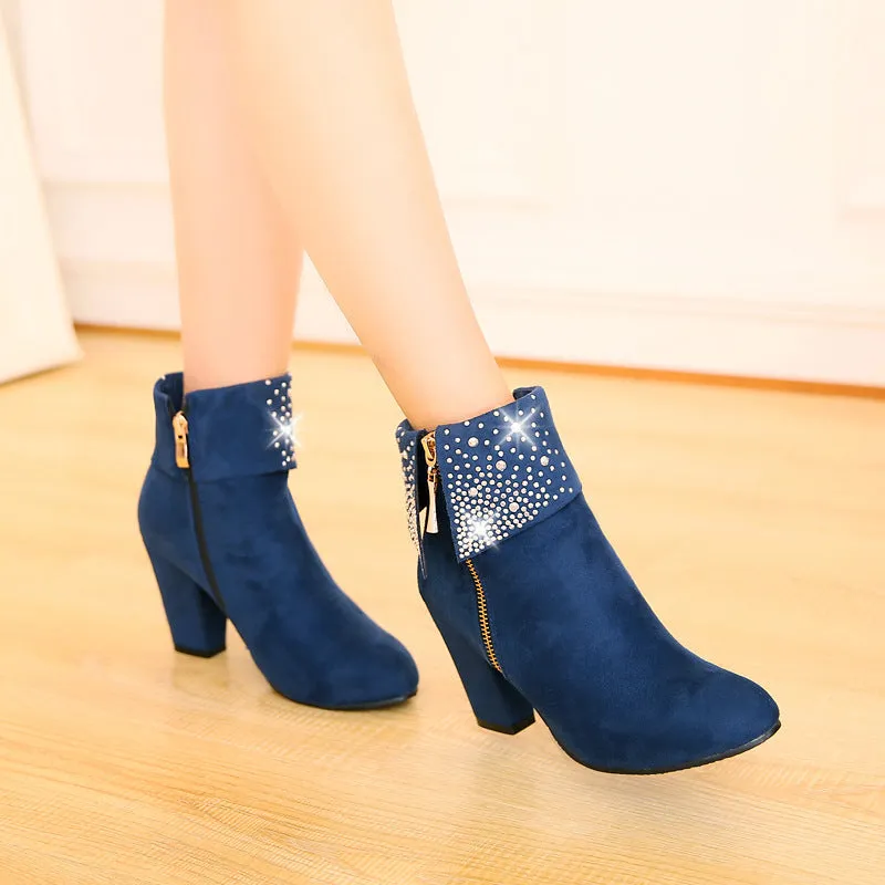 Dazzle Rhinestone Round Heel Boots