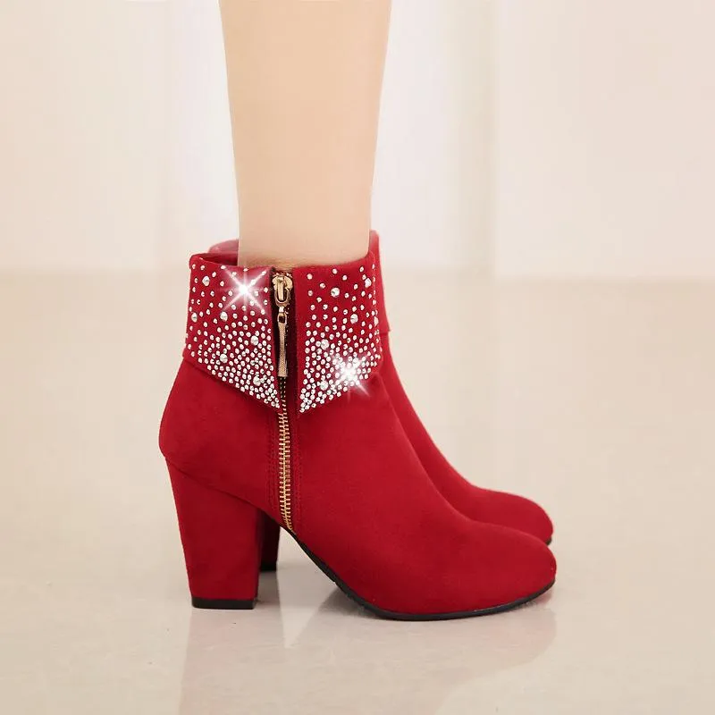 Dazzle Rhinestone Round Heel Boots