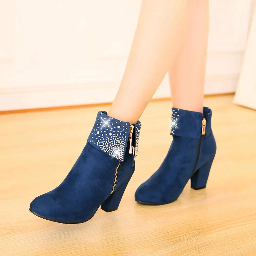 Dazzle Rhinestone Round Heel Boots