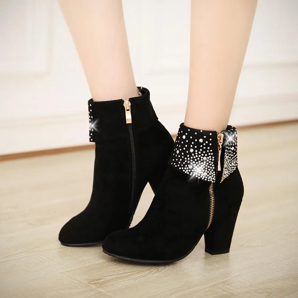 Dazzle Rhinestone Round Heel Boots