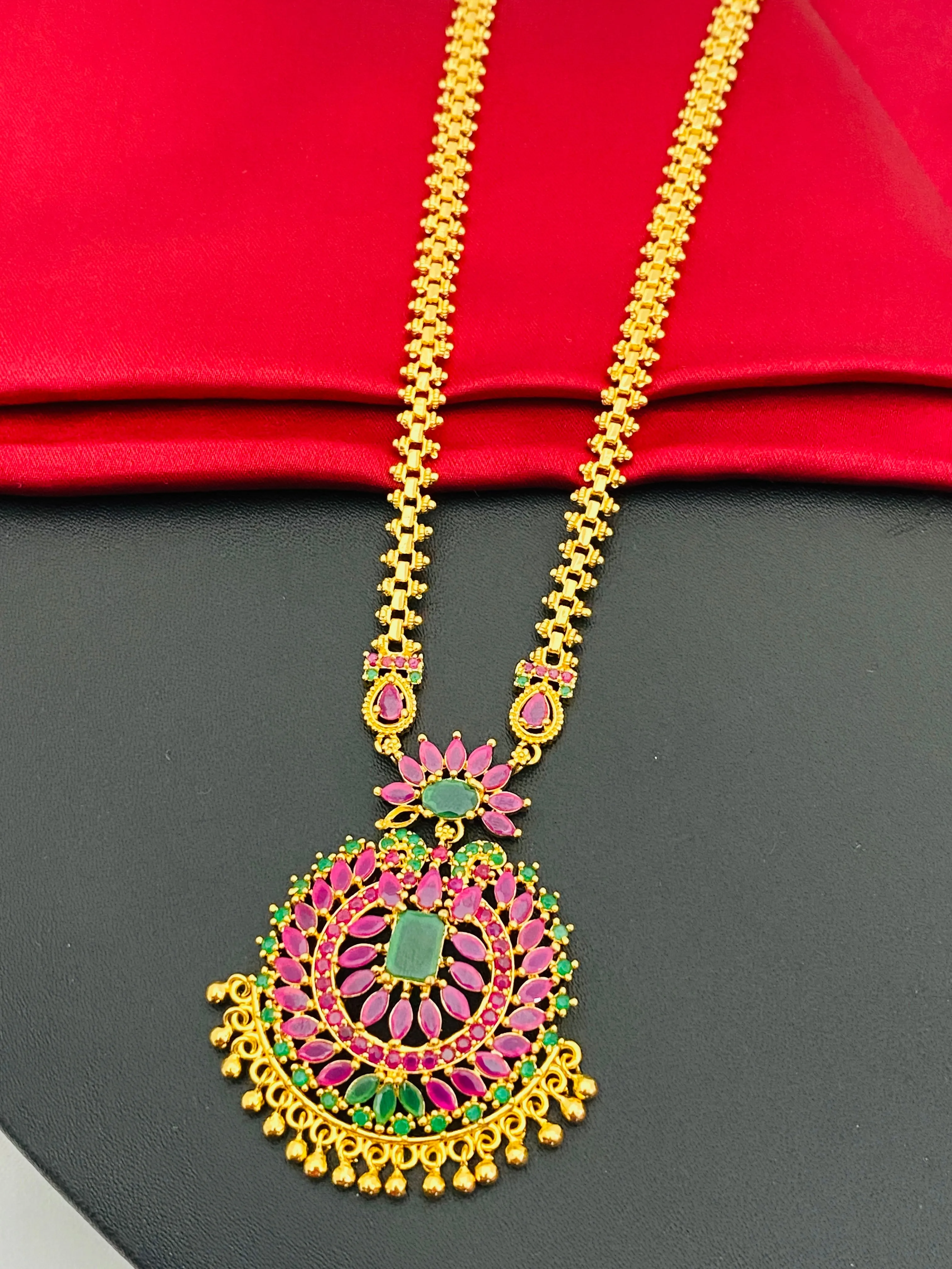 Dazzling Designer Gold Plated Premium Quality Ruby And Emerald Stone Long Chain