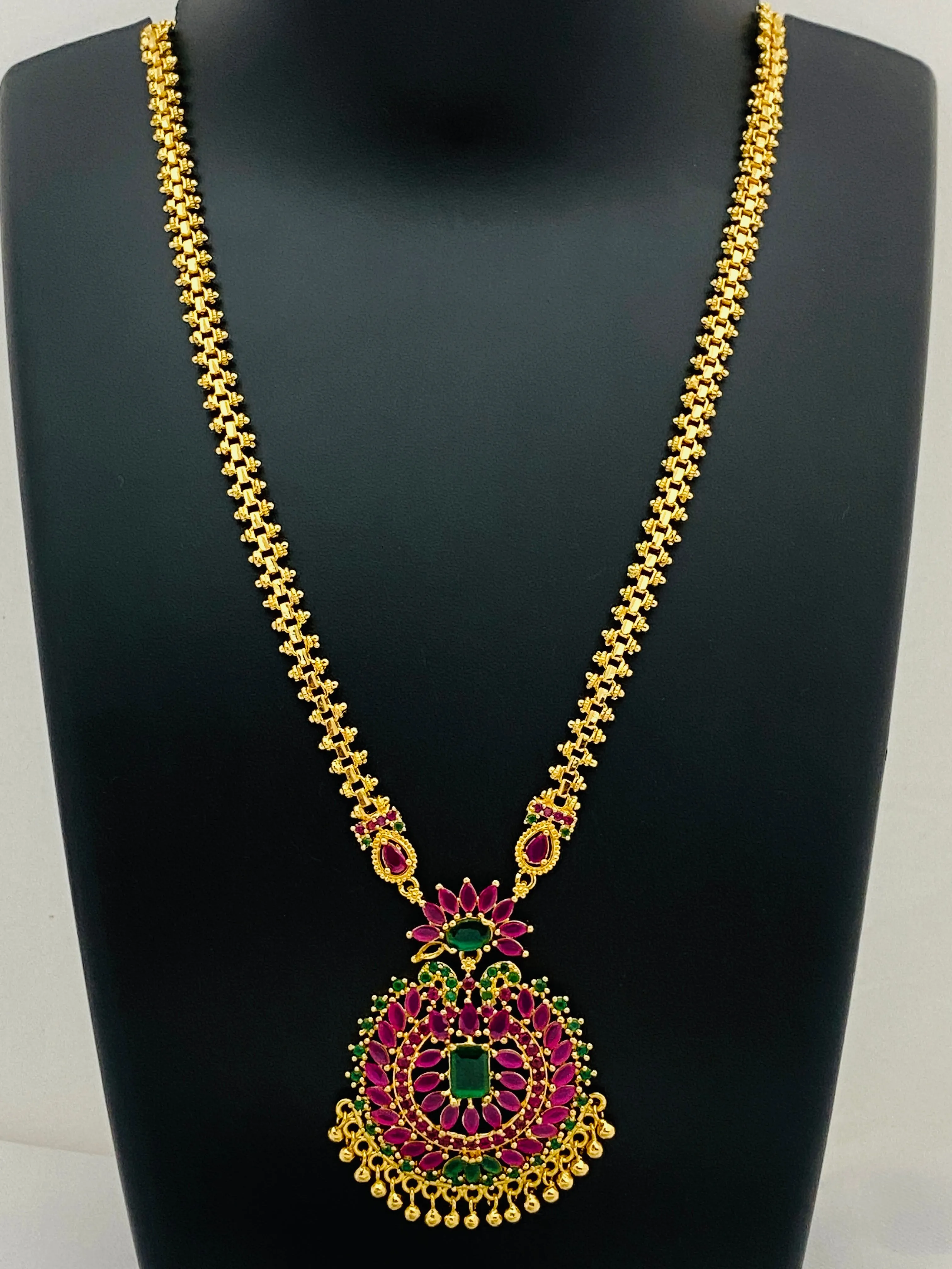 Dazzling Designer Gold Plated Premium Quality Ruby And Emerald Stone Long Chain