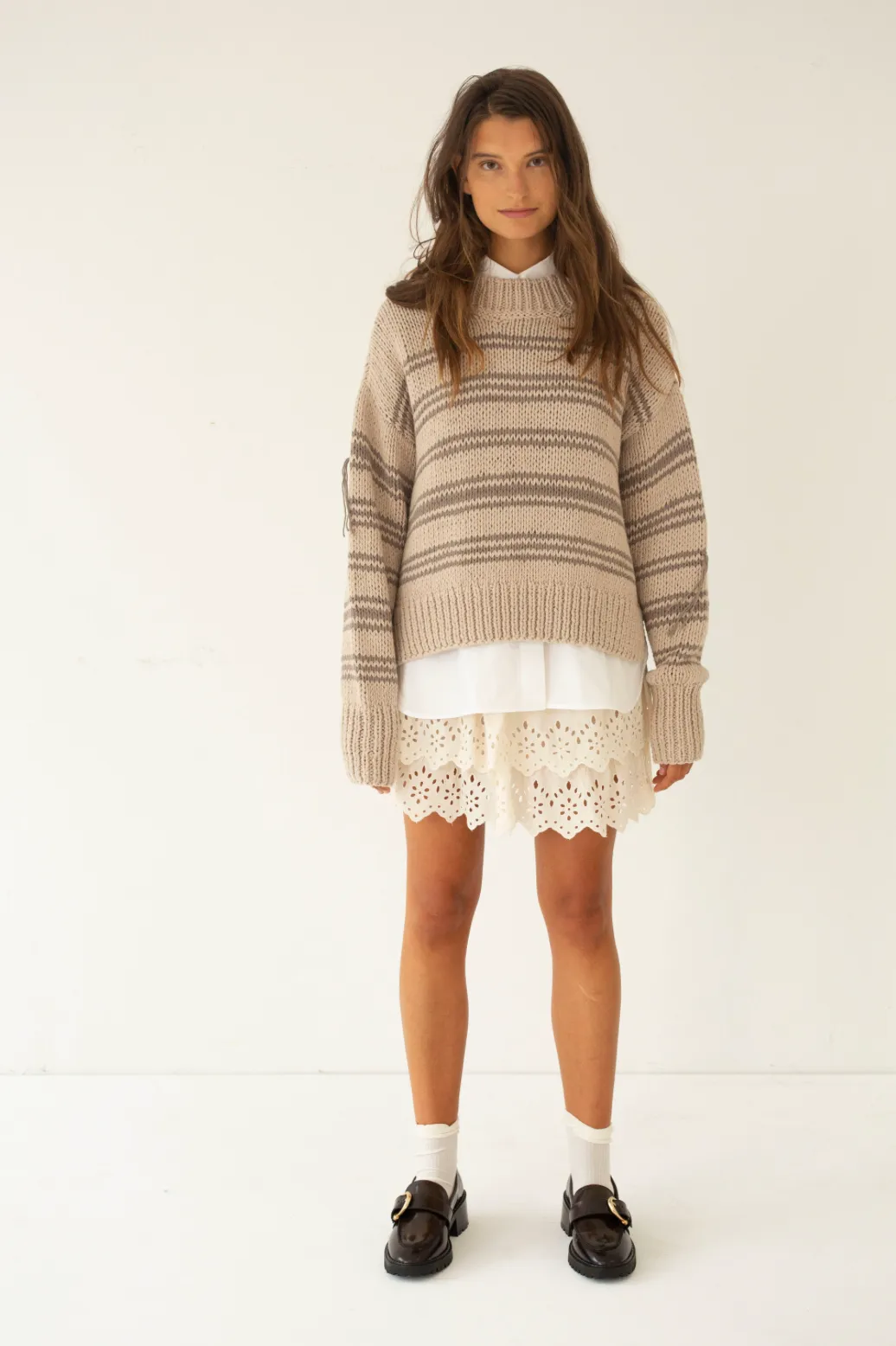 HAND KNITTED COTTON JUMPER WITH STRIPED PATTERN