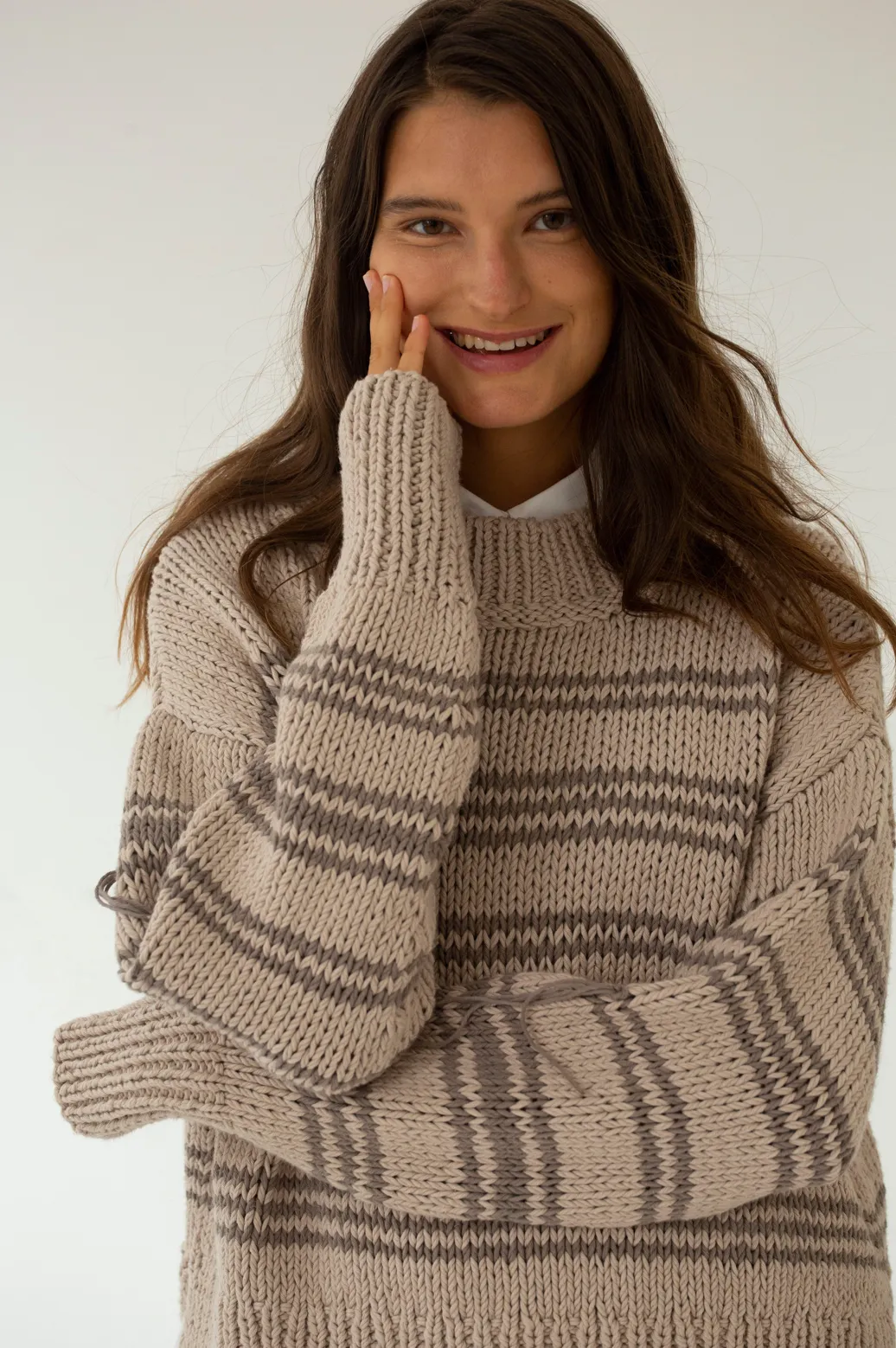 HAND KNITTED COTTON JUMPER WITH STRIPED PATTERN