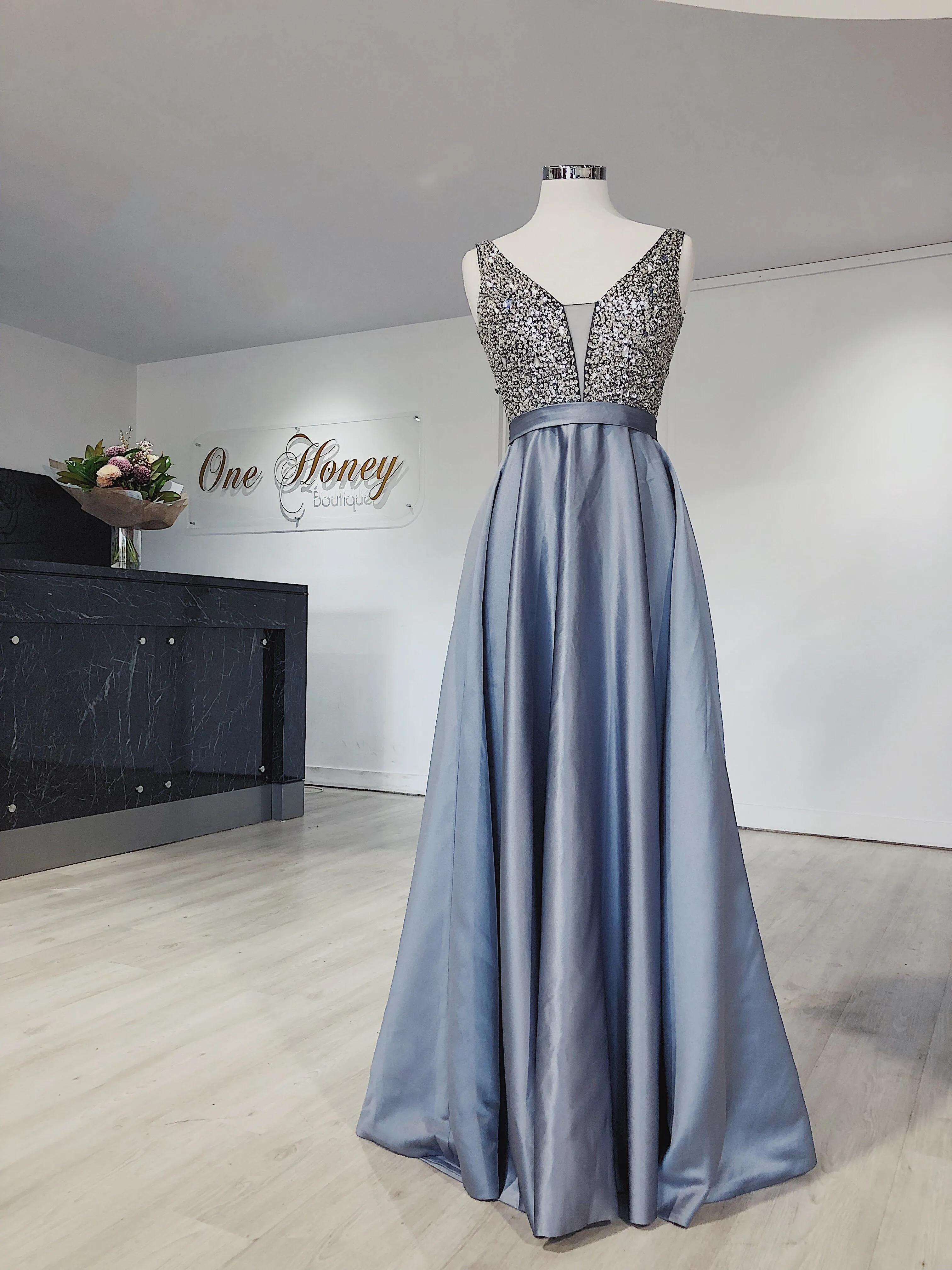 Honey Couture BROYN Silver Diamante Front Princess Ball Formal Gown Dress