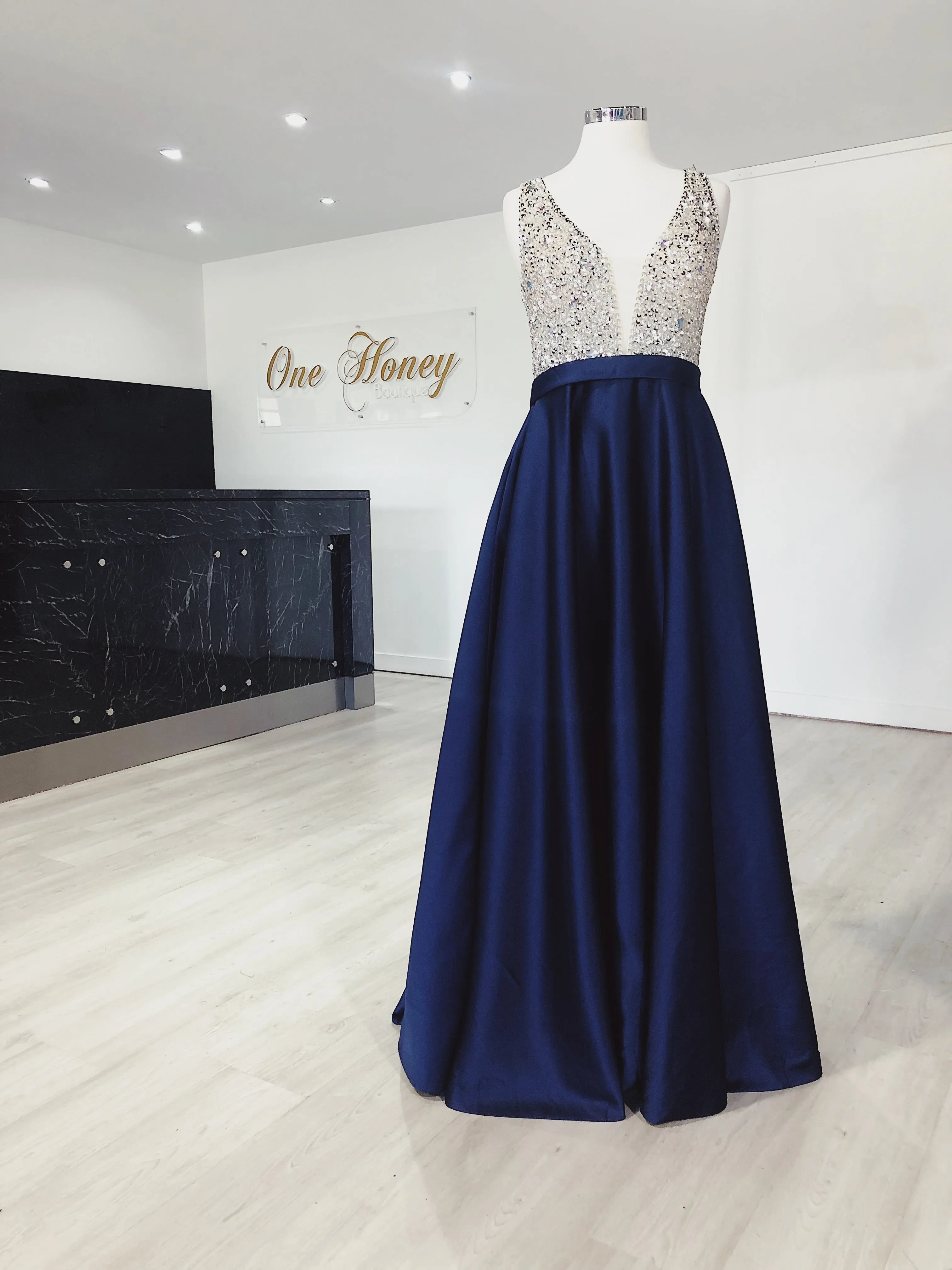 Honey Couture BROYN Silver Diamante Front Princess Ball Formal Gown Dress