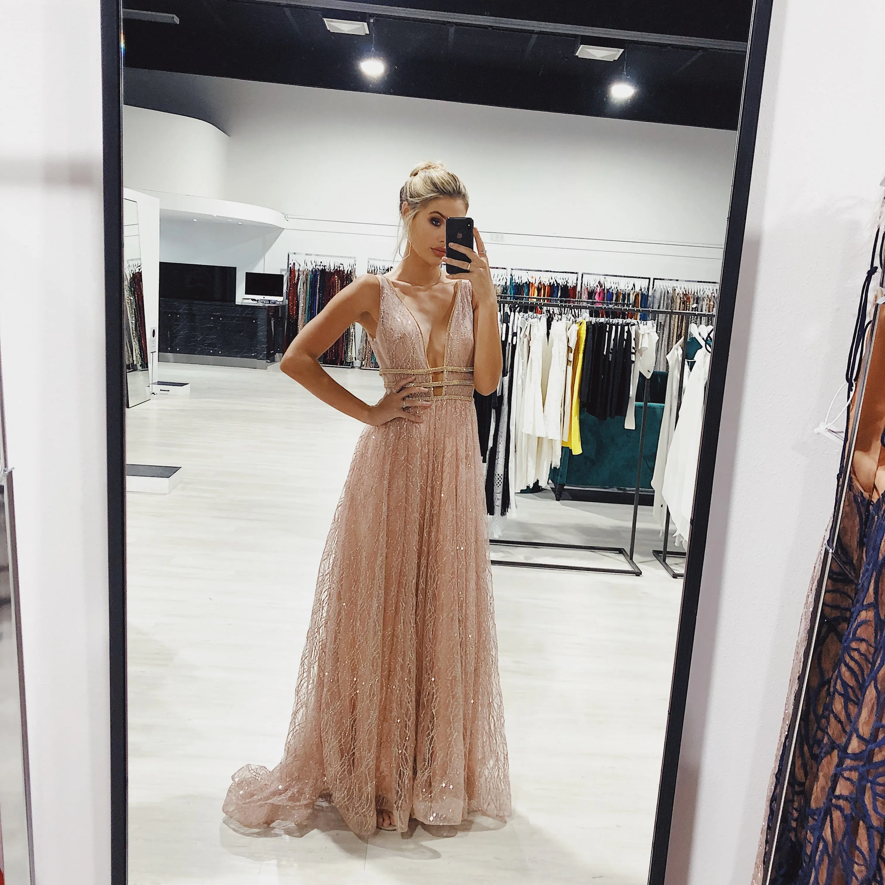 Honey Couture ENYA Rose Gold Glitter Formal Gown