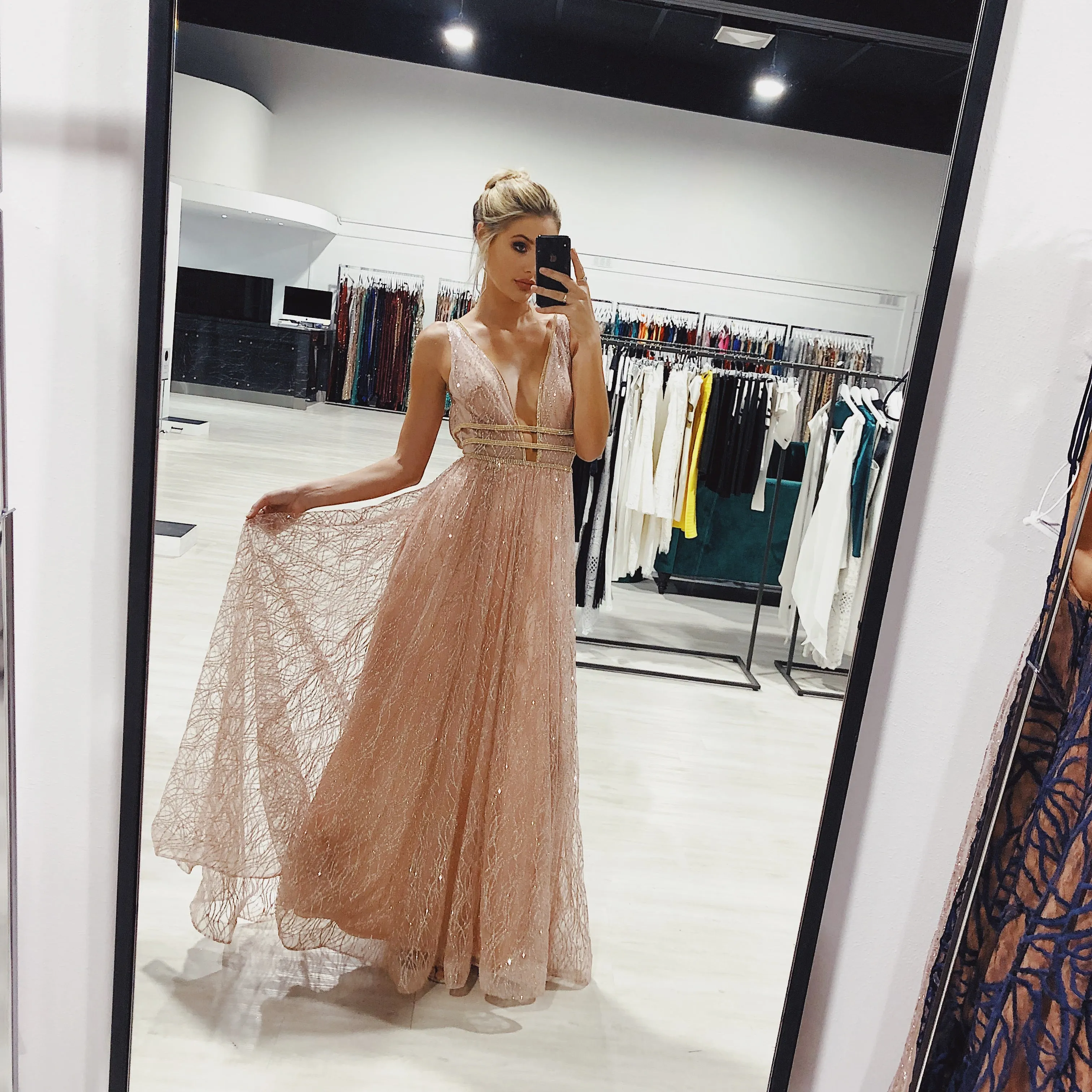 Honey Couture ENYA Rose Gold Glitter Formal Gown