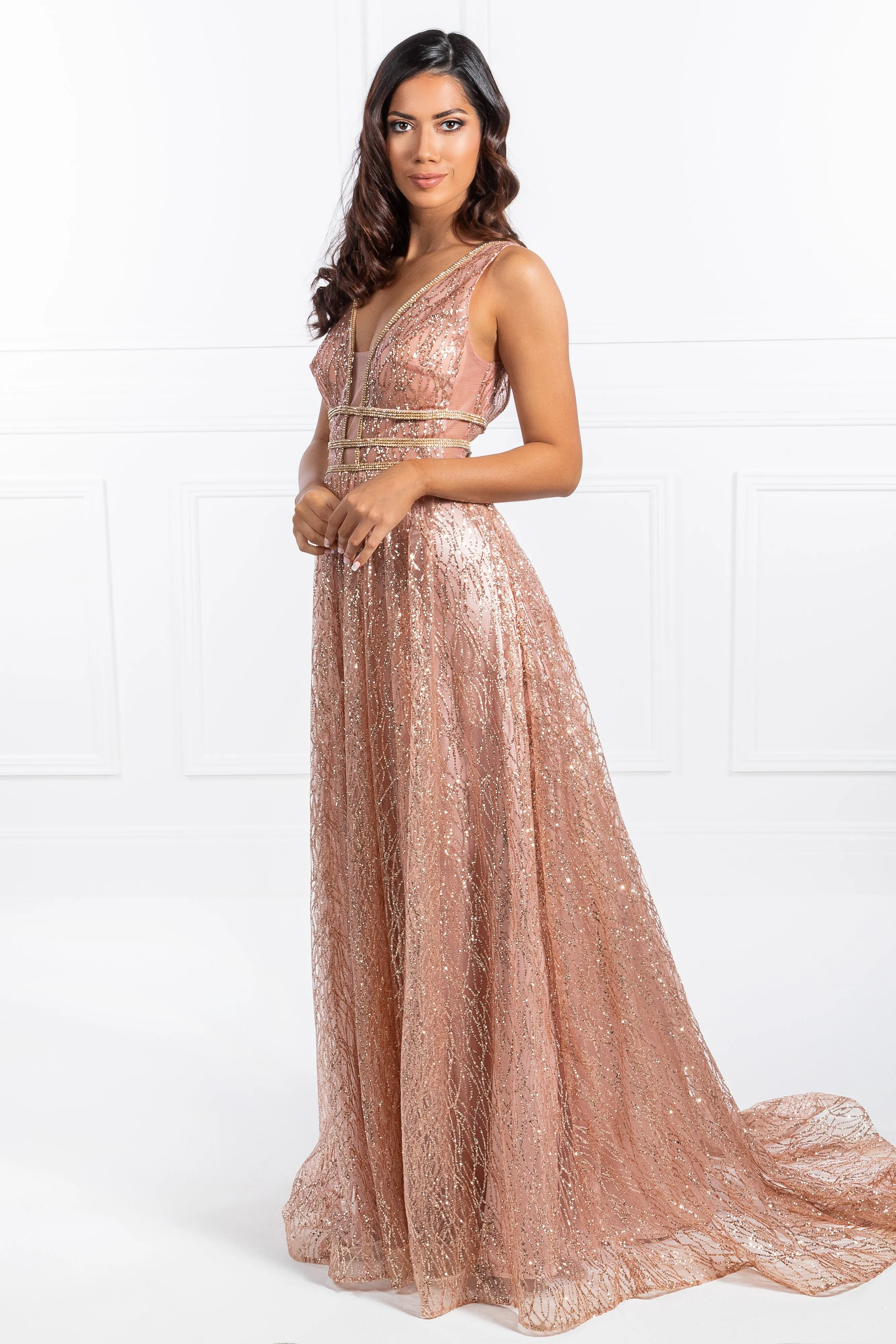 Honey Couture ENYA Rose Gold Glitter Formal Gown