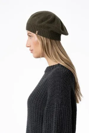 Merino Handknit Beret in Olive Green