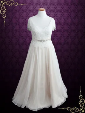 Plus Size Vintage Lace Chiffon Wedding Dress with Jeweled Sash and Fringe Cap Sleeves | Lilly