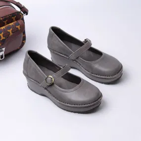 Retro Soft All Leather Platform Mary Jane Shoes In Beige/Black/Grey