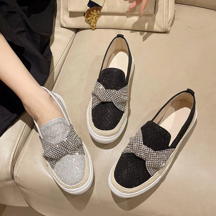 Shallow Mouth Single Spring Shoes New Style Round Toe Rhinestones