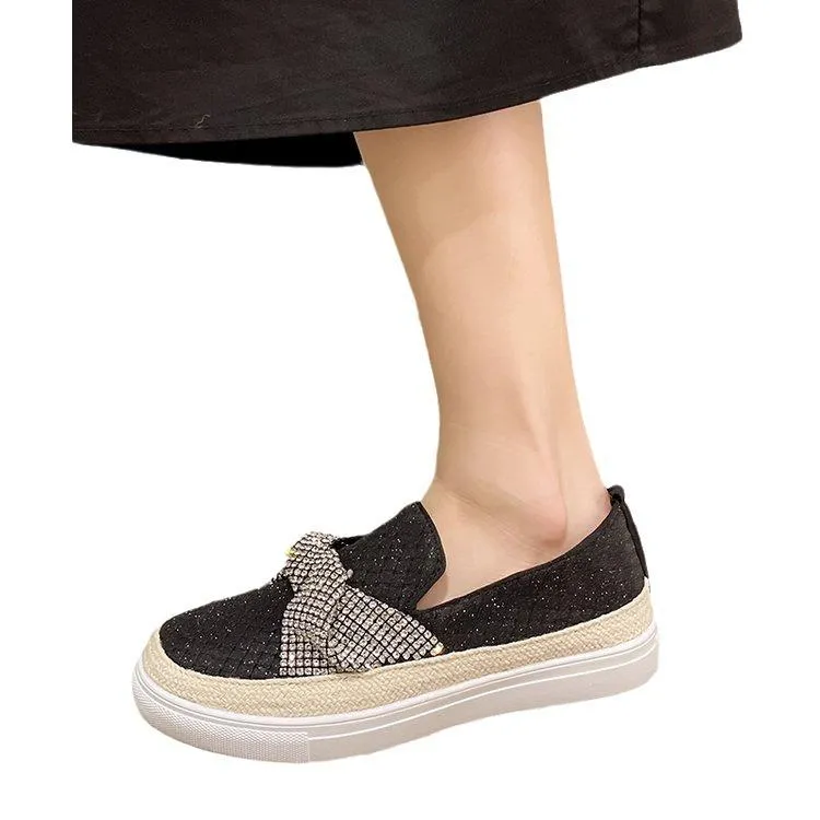 Shallow Mouth Single Spring Shoes New Style Round Toe Rhinestones