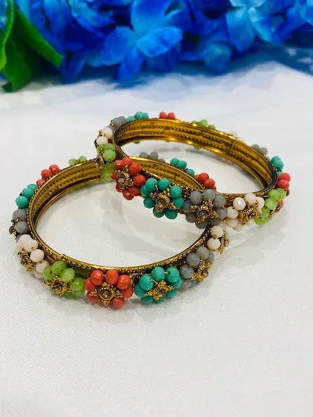 Stunning Antique Gold Multicolor Pearl Beaded Designer Partywear Bangle sets