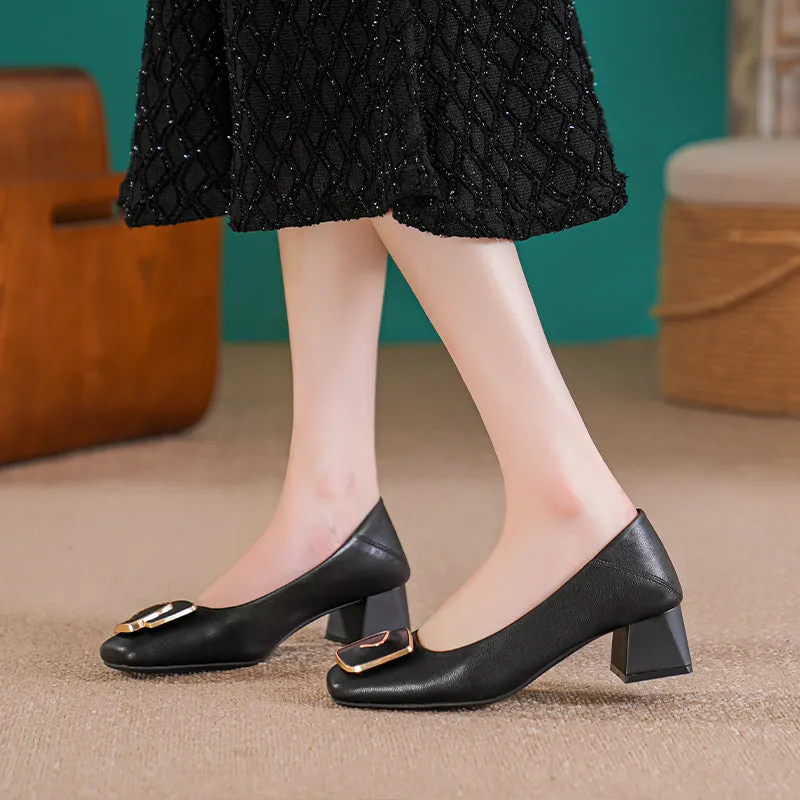 Women Casual Fashion Leather Chunky Heel Dress Pumps