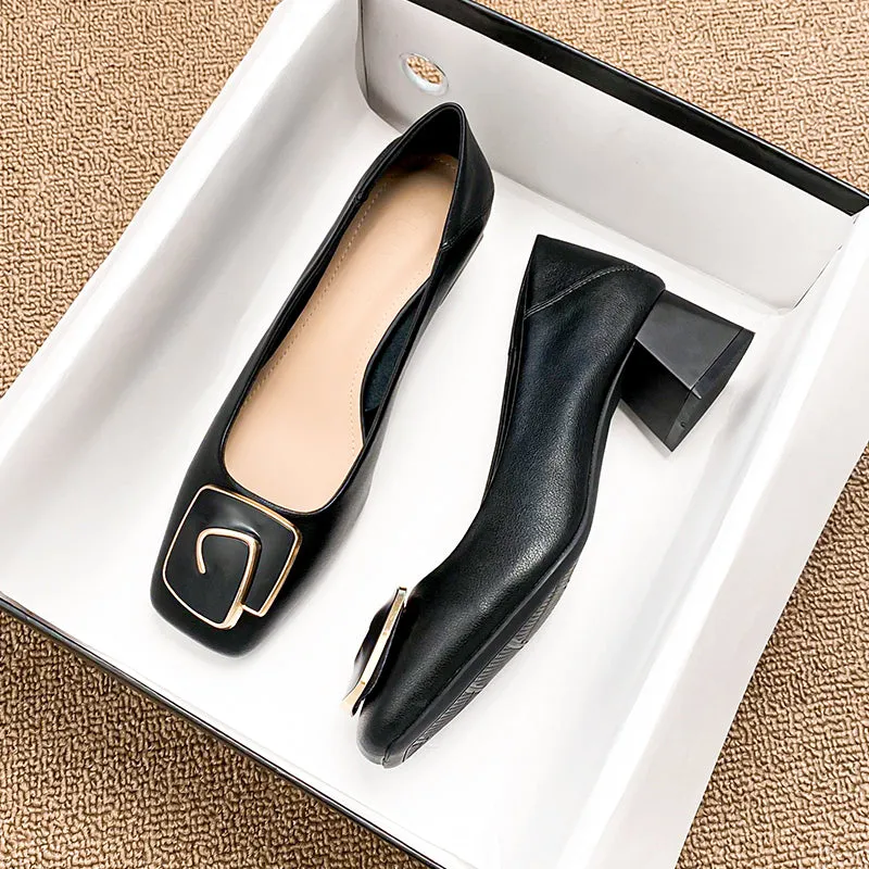 Women Casual Fashion Leather Chunky Heel Dress Pumps